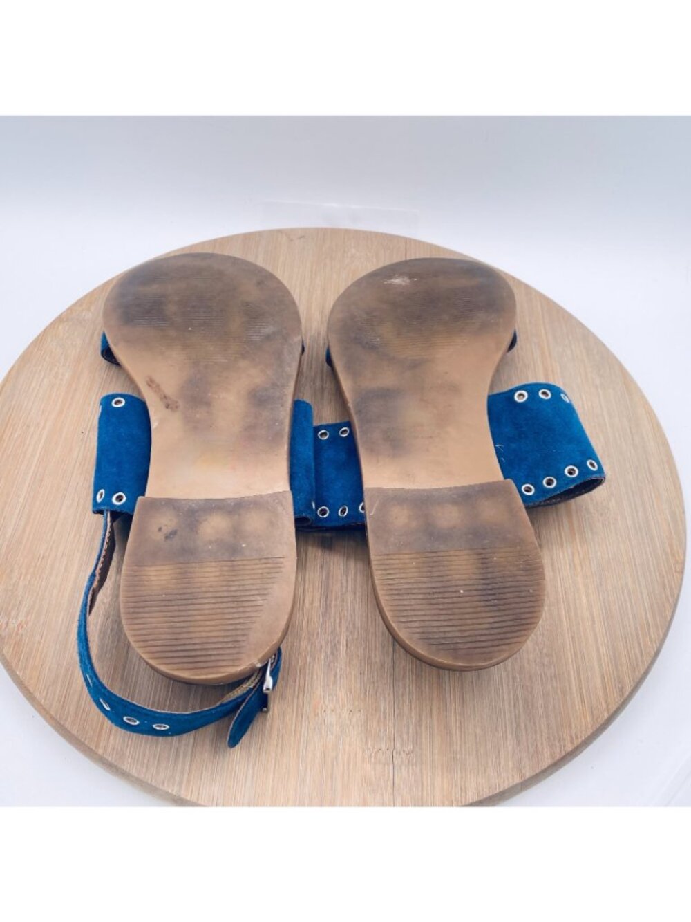 Miz Mooz Sandals Womens 8.5 Blue Leather Ankle Strap Studded Flats Peep - Picture 10 of 12